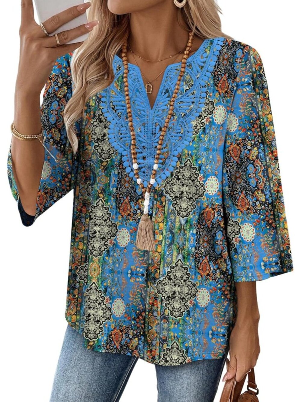 Women's Tops Multi 3/4 Length Sleeve Boho V Neck Lace Casual Vacation Clothes